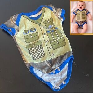 Baby Onesie with Green camo Print and  Blue Trim newborn